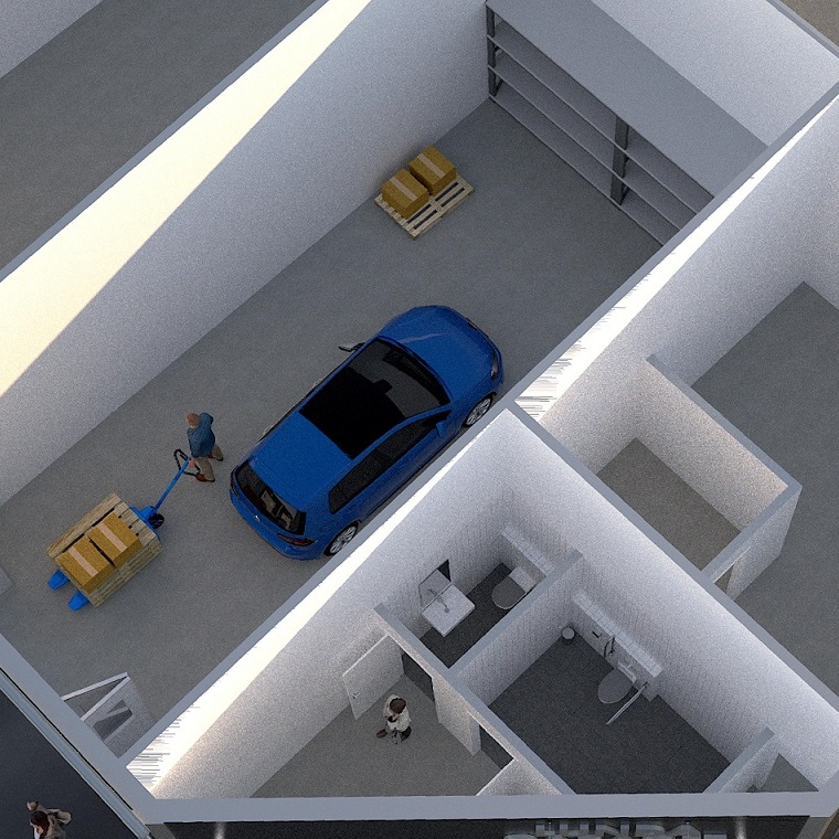 Genomskärningsbild på garage med exempel på inredning